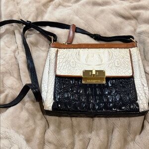 Two-Tone Croc-Embossed Crossbody Bag in Black/Cream Brahmin